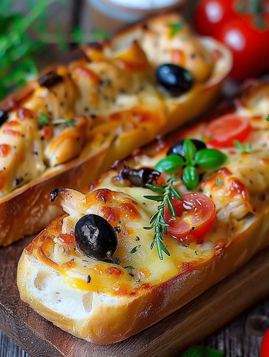 A close up of a grilled baguette with cheese and olives.