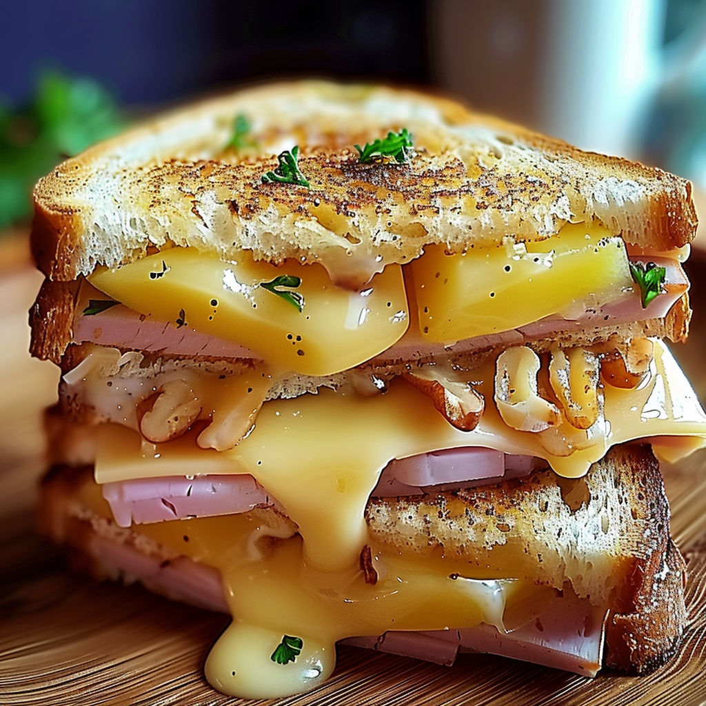 A croque monsieur sandwich with cheese and ham.