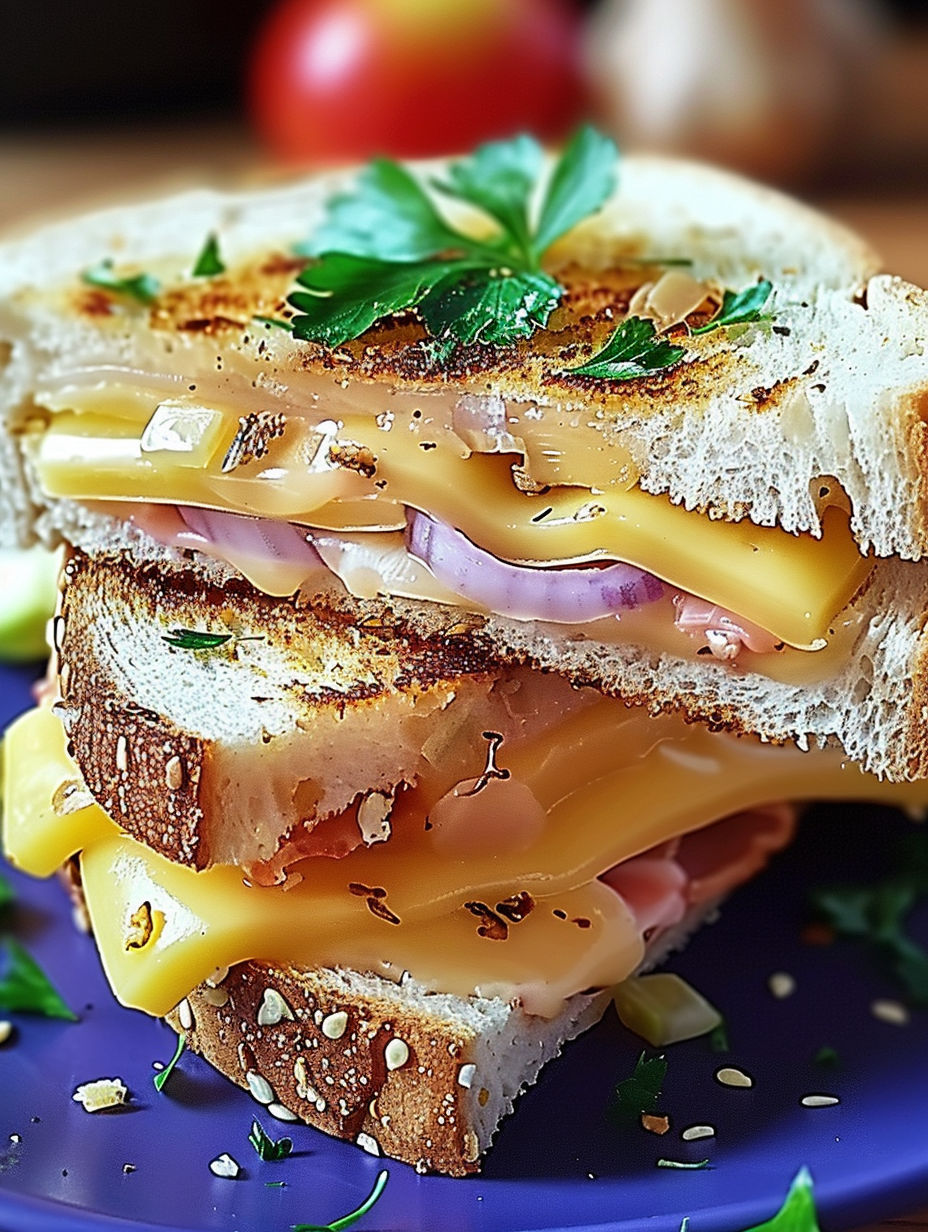 A croque monsieur sandwich with cheese and onions.