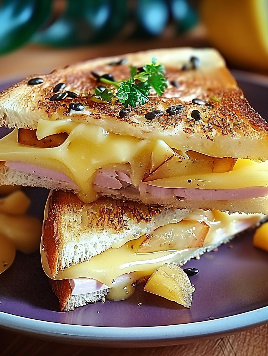 A croque monsieur sandwich with cheese and a green garnish.