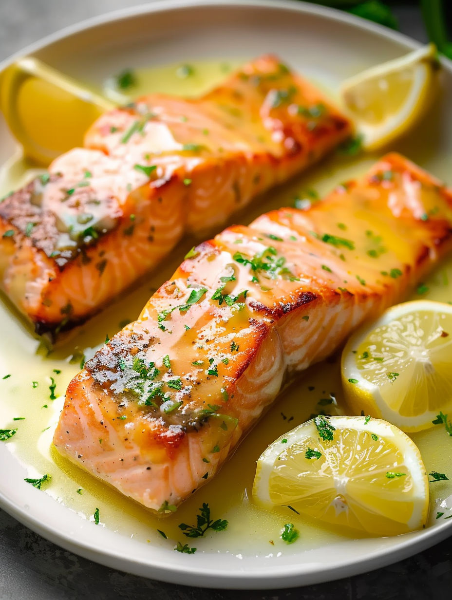 A plate of salmon with lemon and herbs.