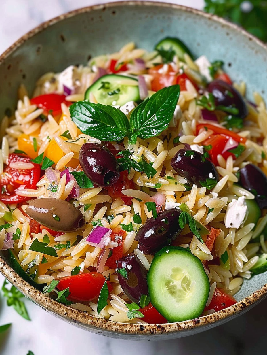 A bowl of rice with vegetables and olives.