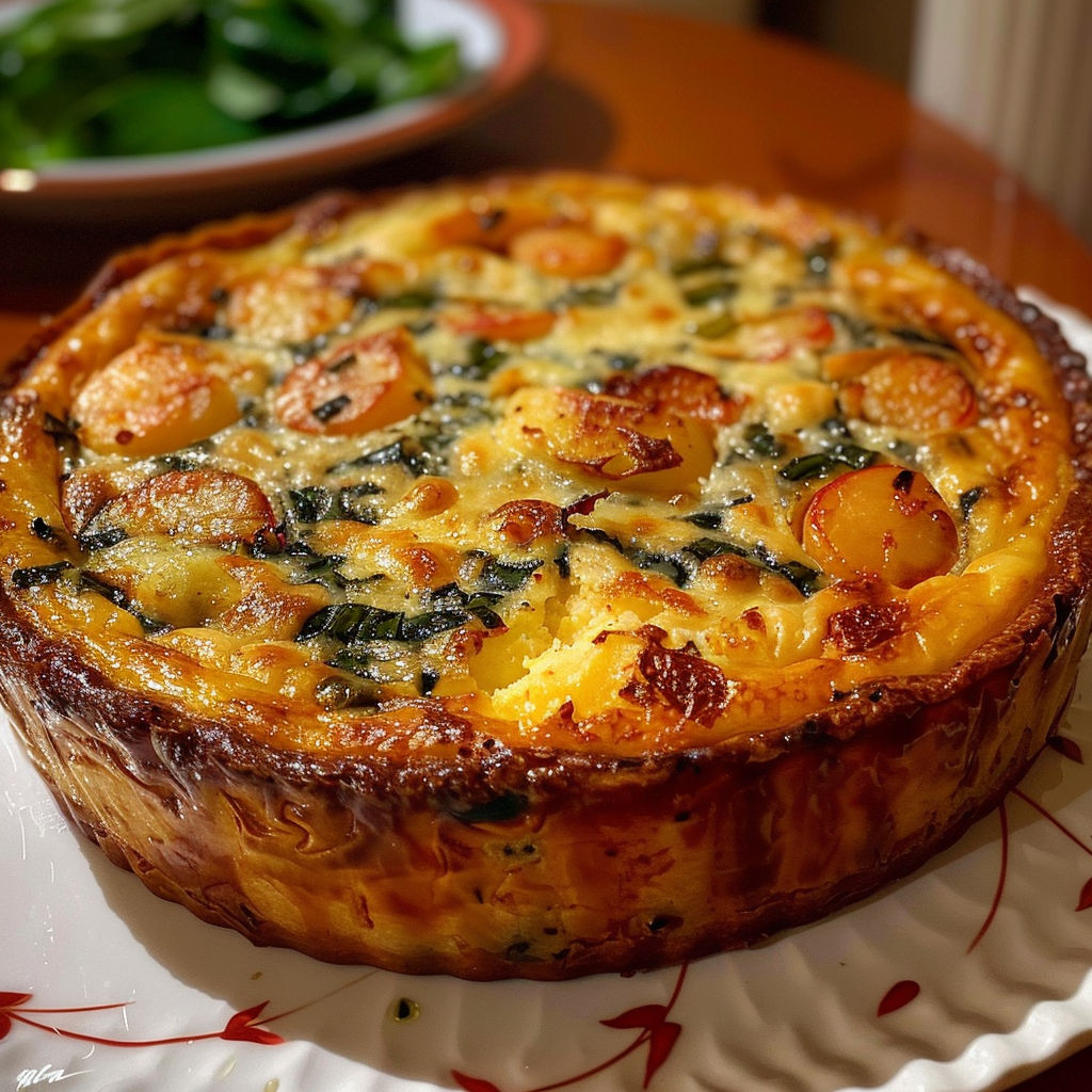 A quiche with a golden crust and a green topping.