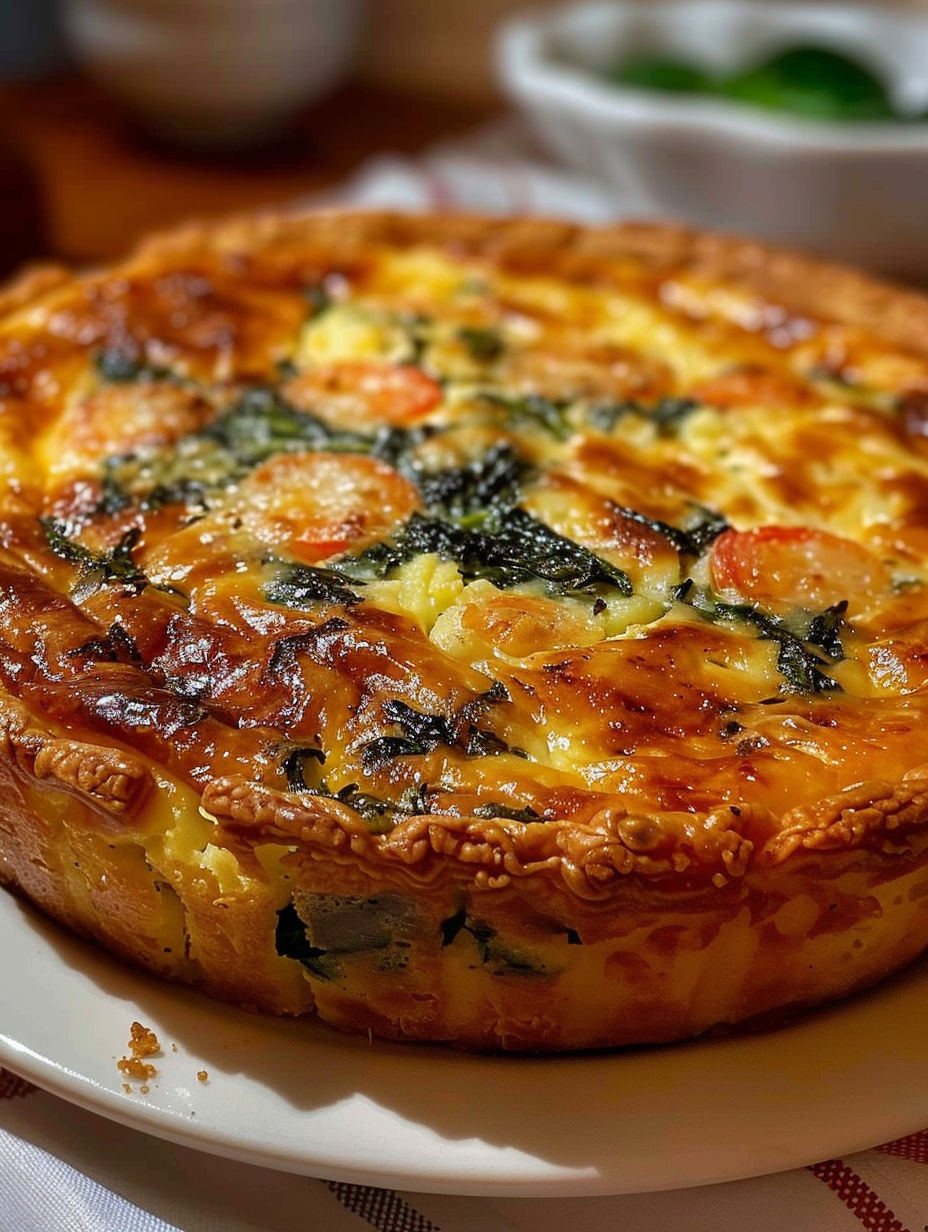 A quiche with a golden brown crust and a filling of spinach and cheese.