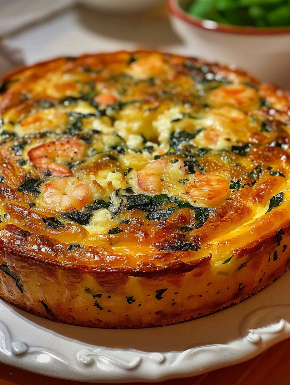 A close up of a quiche with a golden crust.