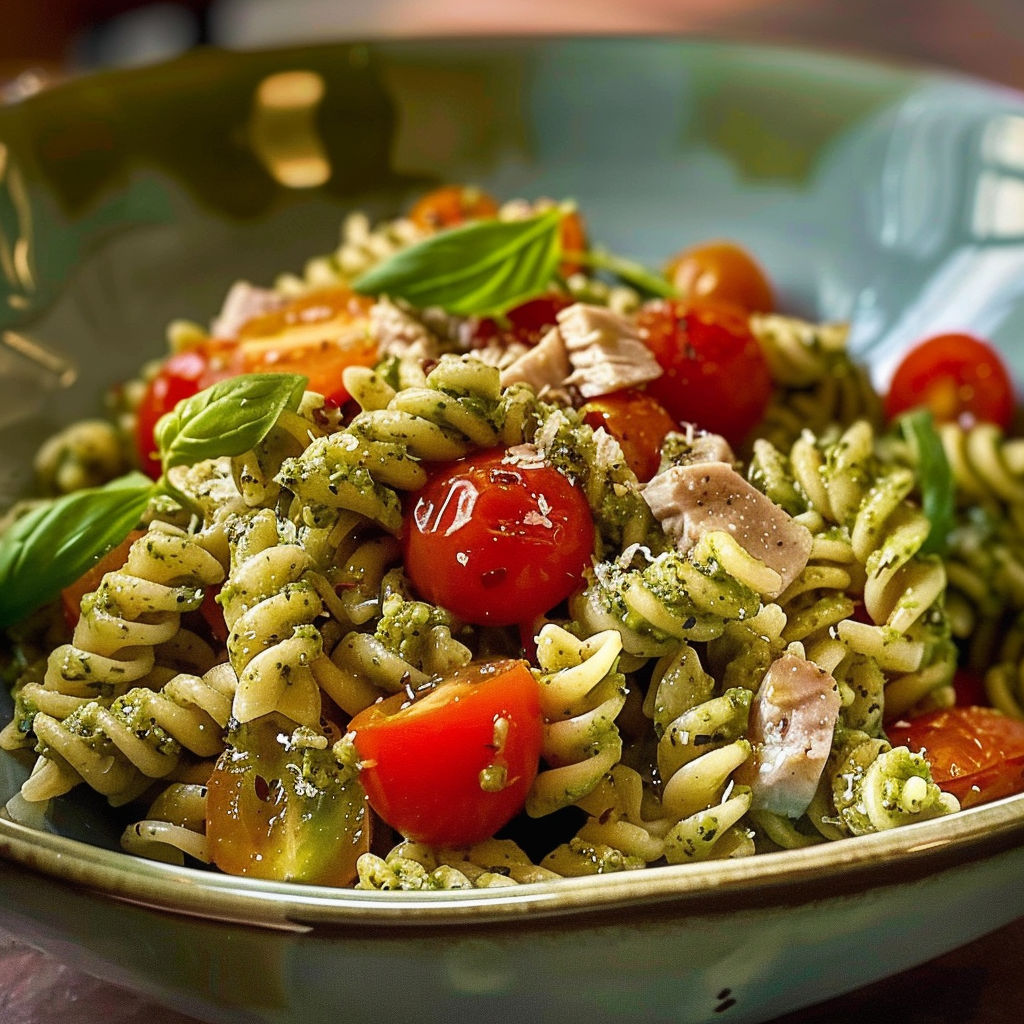 A bowl of pasta with tomatoes and basil.