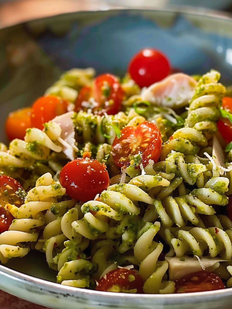 A bowl of pasta with tomatoes and basil.