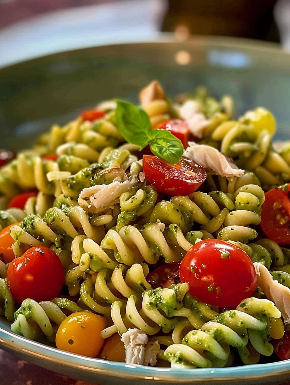 A bowl of pasta with tomatoes and basil.