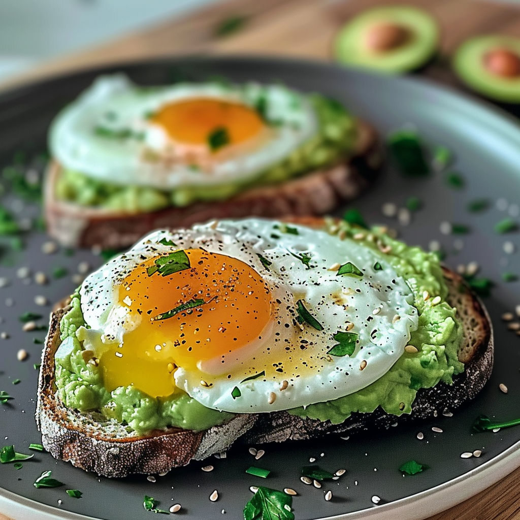 Two toasted slices of bread with avocado and egg on top.