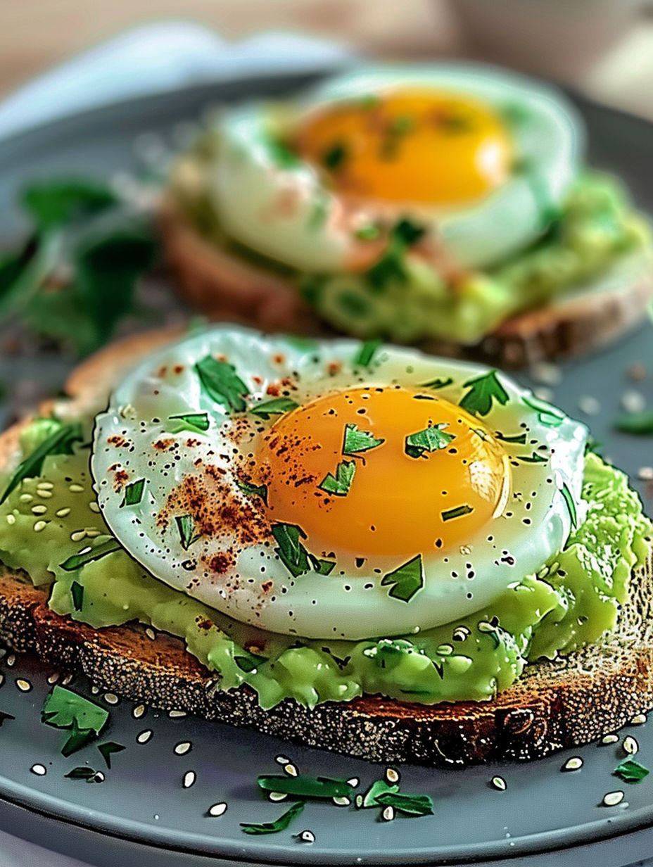 Two eggs on toast with avocado and spices.