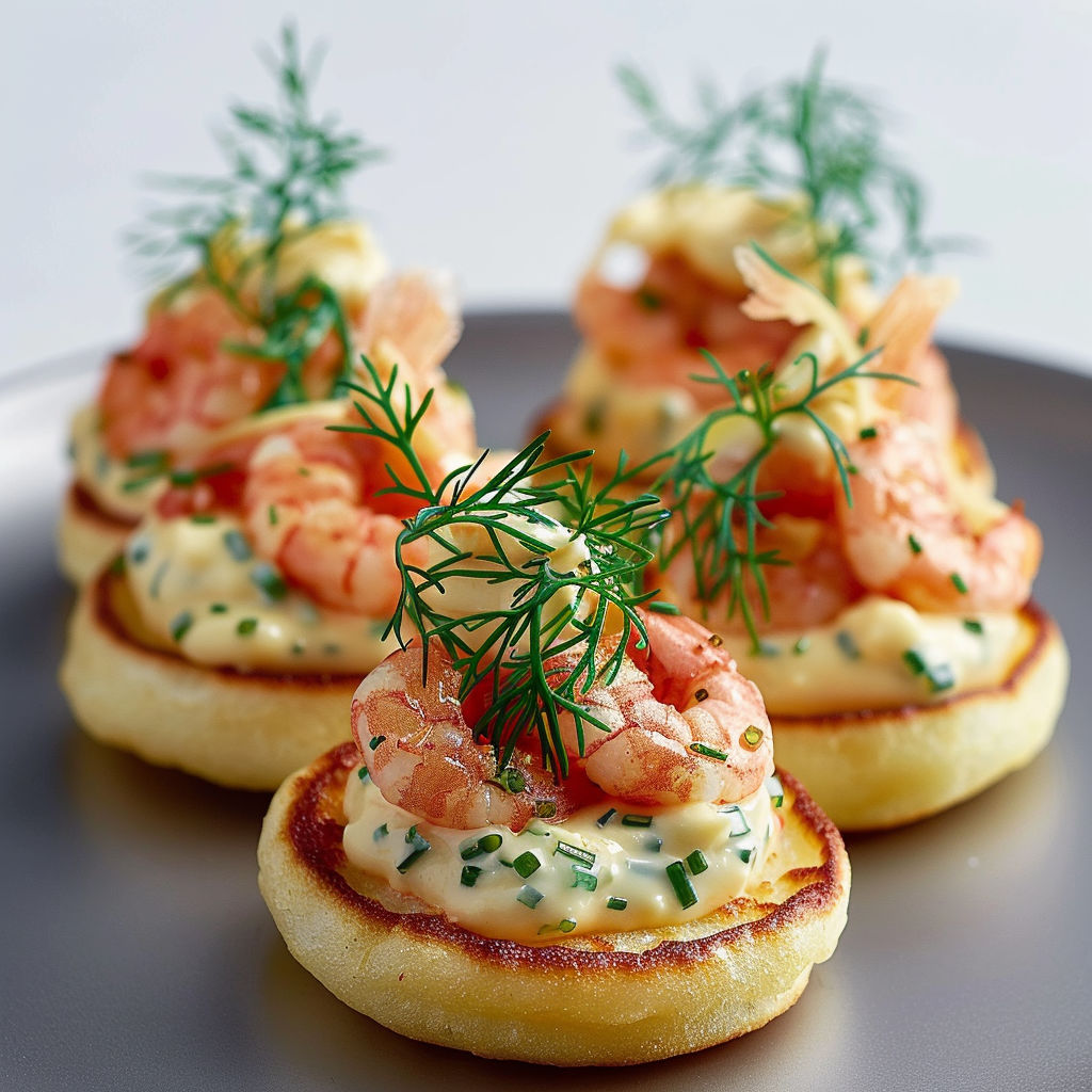 Three mini blinis with shrimp and mayonnaise.