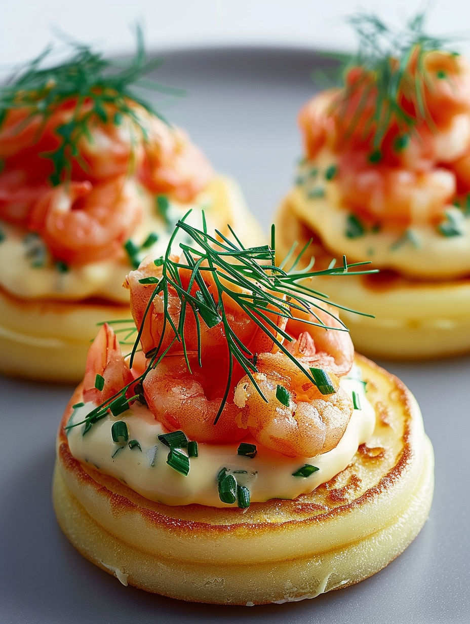 A plate of mini blinis with shrimp and mayonnaise.
