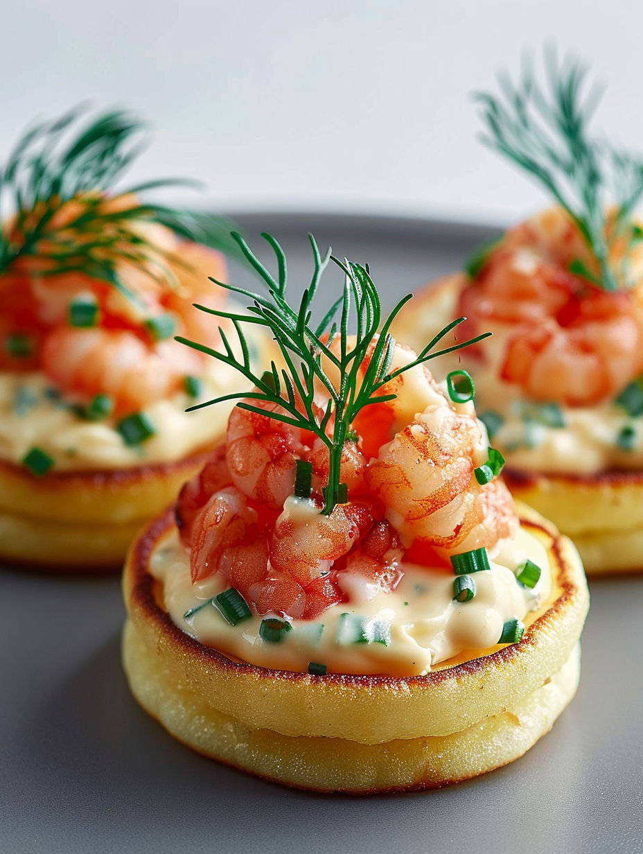 Mini blinis with shrimp and mayonnaise.