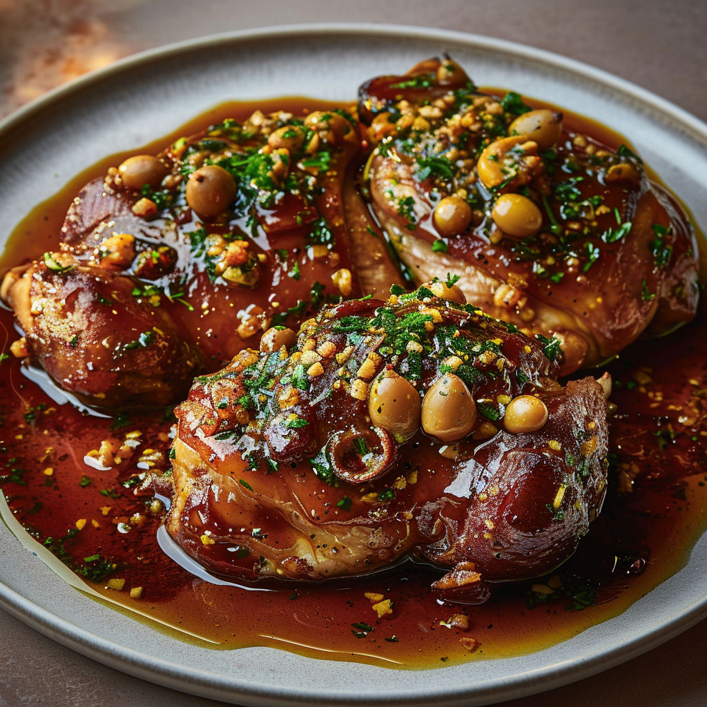 A plate of meat with a sauce and garnish.