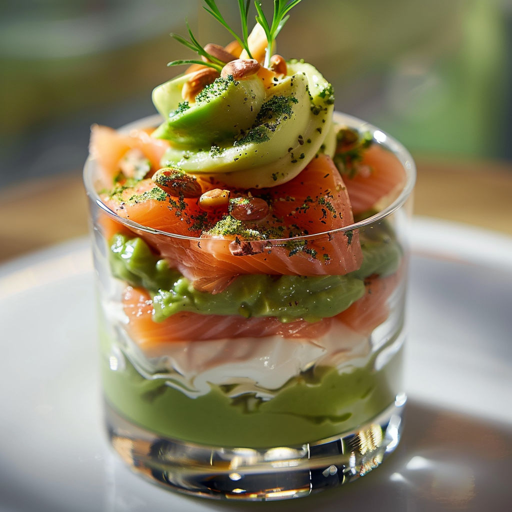 A glass of food with salmon, avocado, and cream.