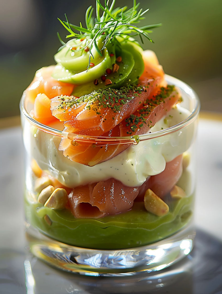 A glass bowl filled with fish and vegetables.