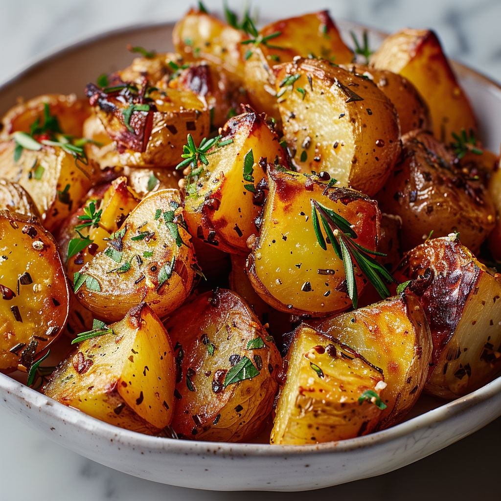 A bowl of cooked potatoes with herbs.