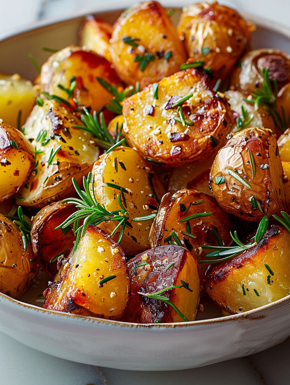 A bowl of potatoes with herbs on top.