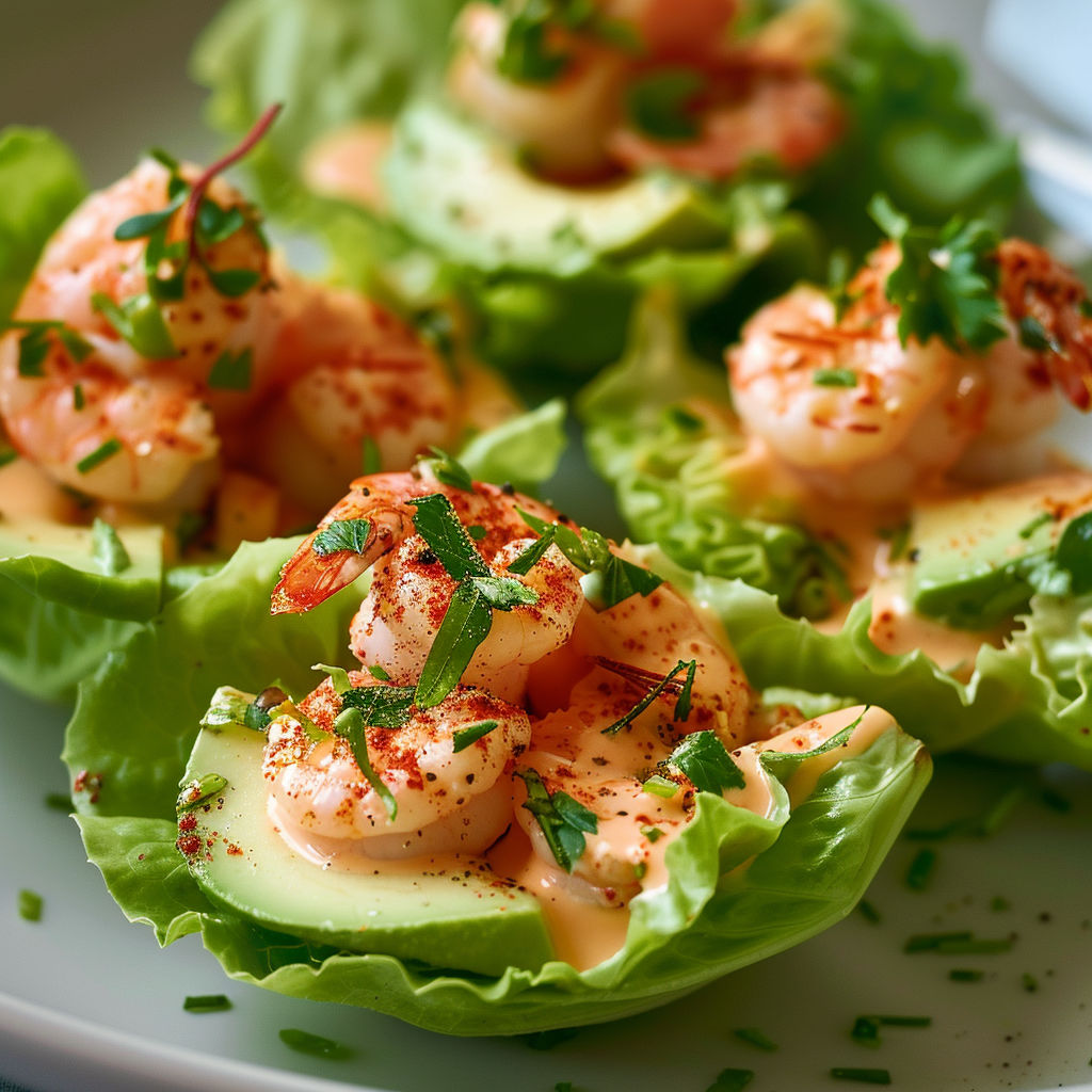 A plate of shrimp and avocado with a sauce.