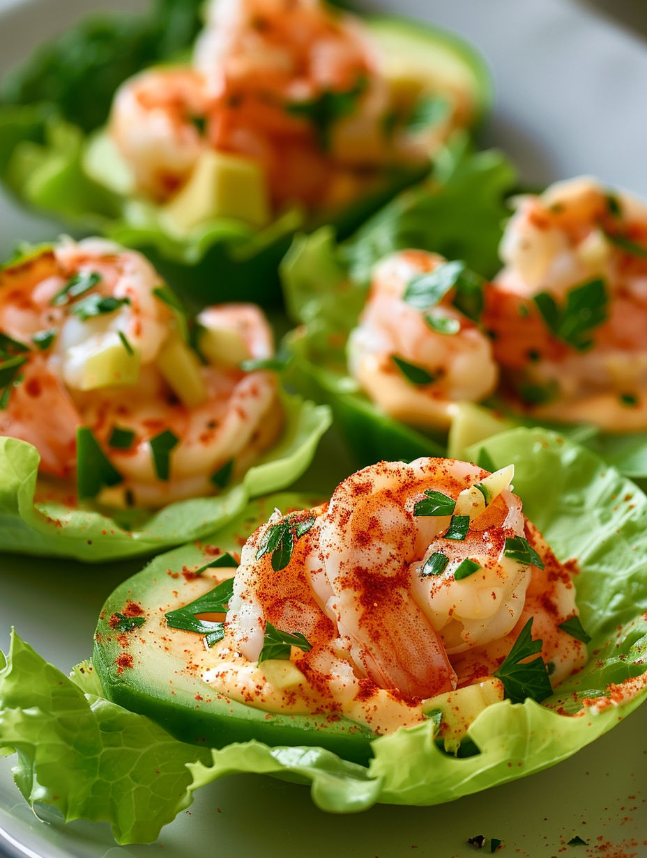 A plate of shrimp and avocado in a cup.