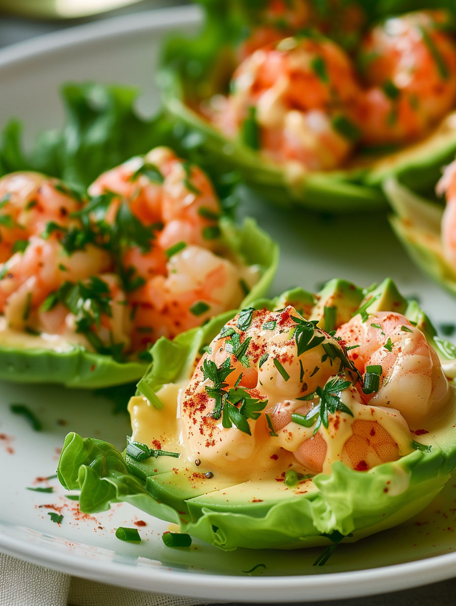 A plate of food with shrimp and avocado.