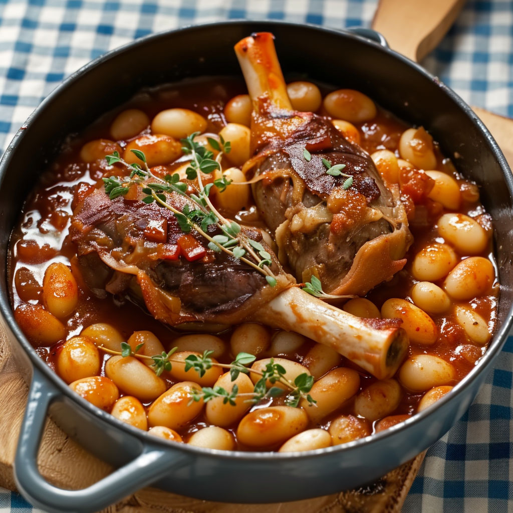 A bowl of Cassoulet de Souris d'Agneau Confit.