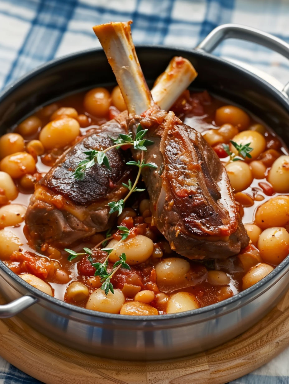 A close up of a cassoulet dish with meat and beans.