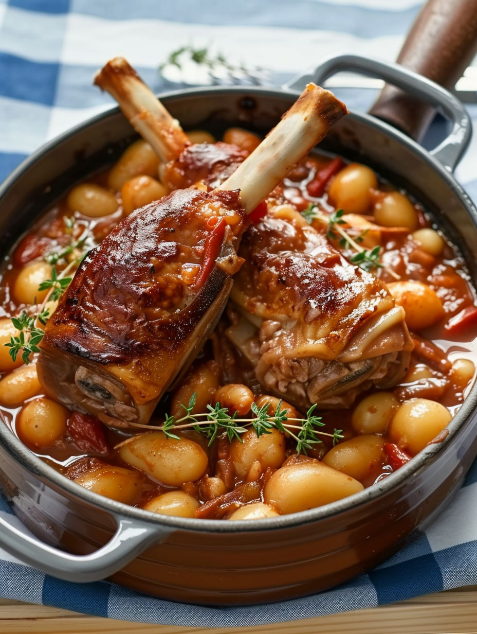 A pot of Cassoulet de Souris d'Agneau Confit.
