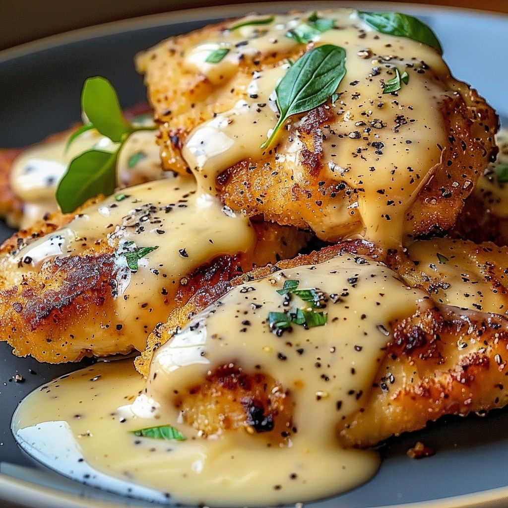 A plate of chicken with a creamy sauce.
