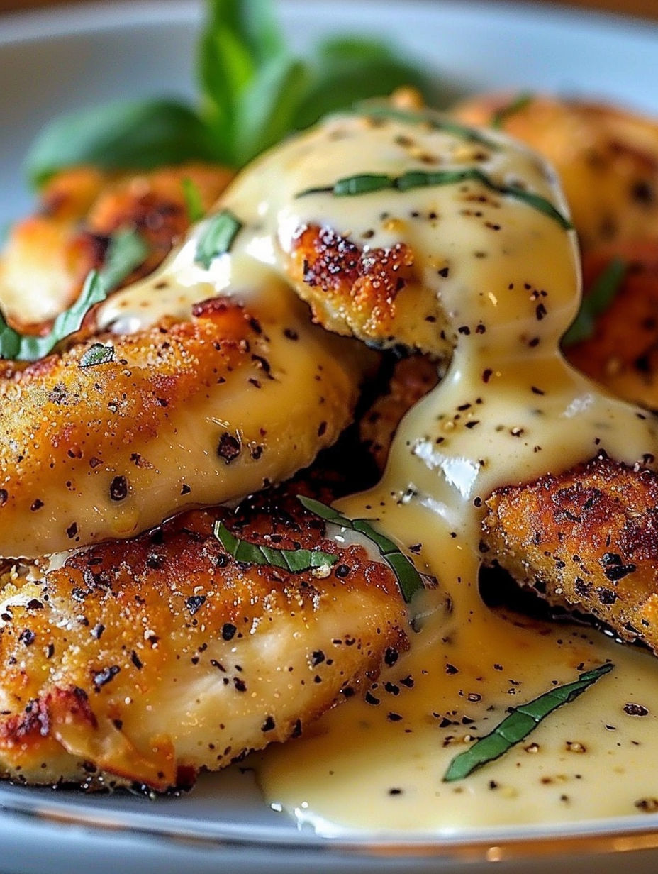 A dish of chicken with a creamy sauce.