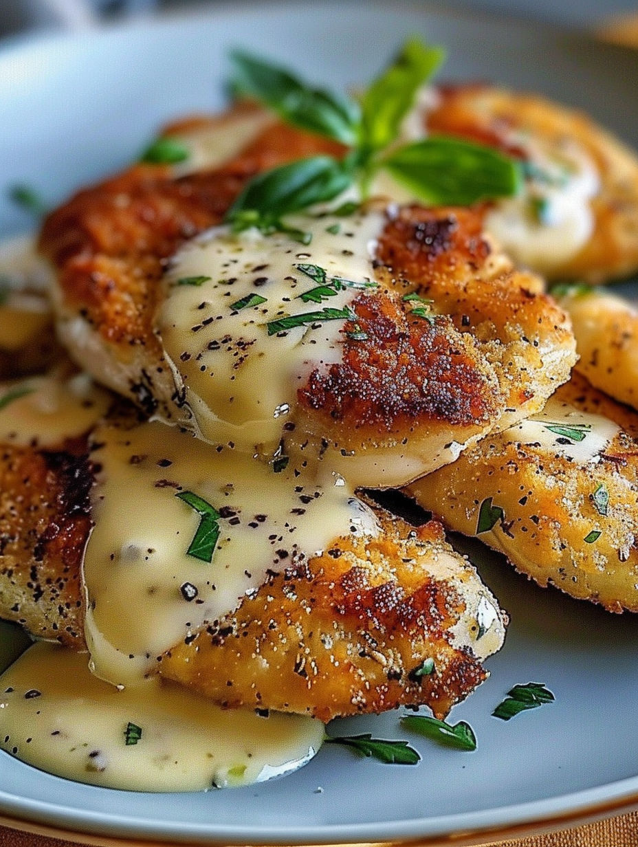 A plate of chicken with cheese sauce.