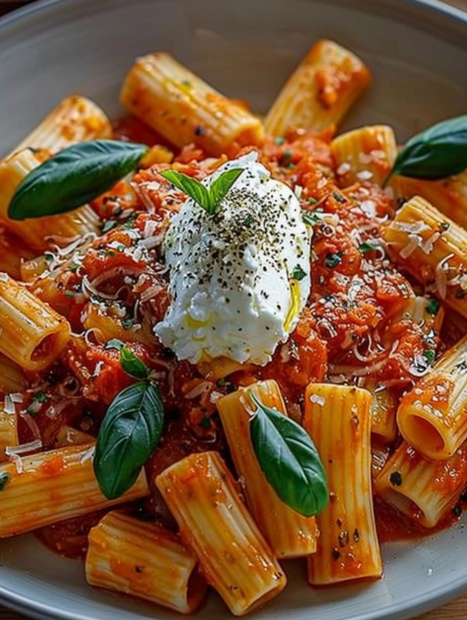 A plate of rigatoni pasta with a creamy tomato sauce and burrata cheese.