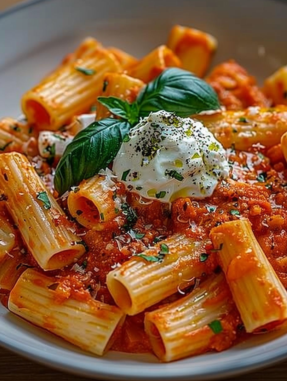 A plate of rigatoni with a white sauce and burrata on top.