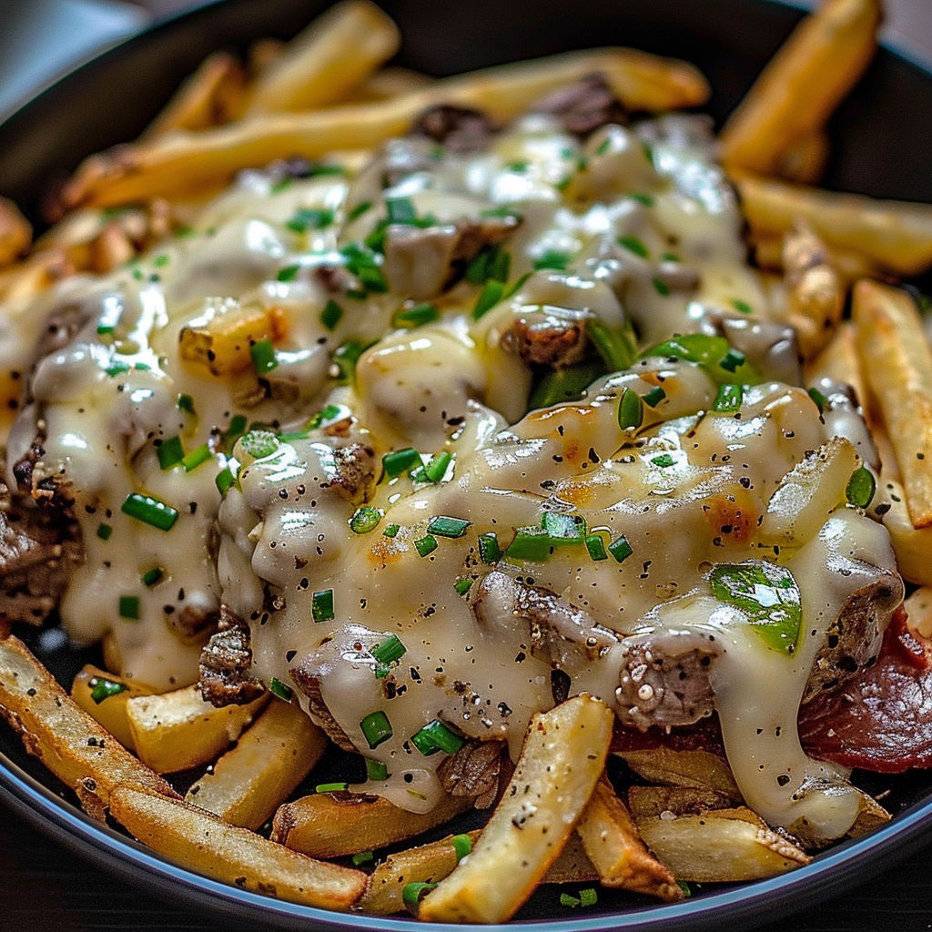 A bowl of french fries with cheese and steak.