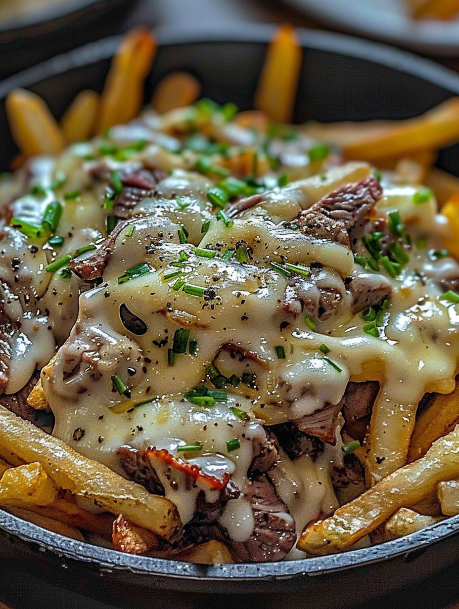 A close up of a delicious Philly cheese steak frites.