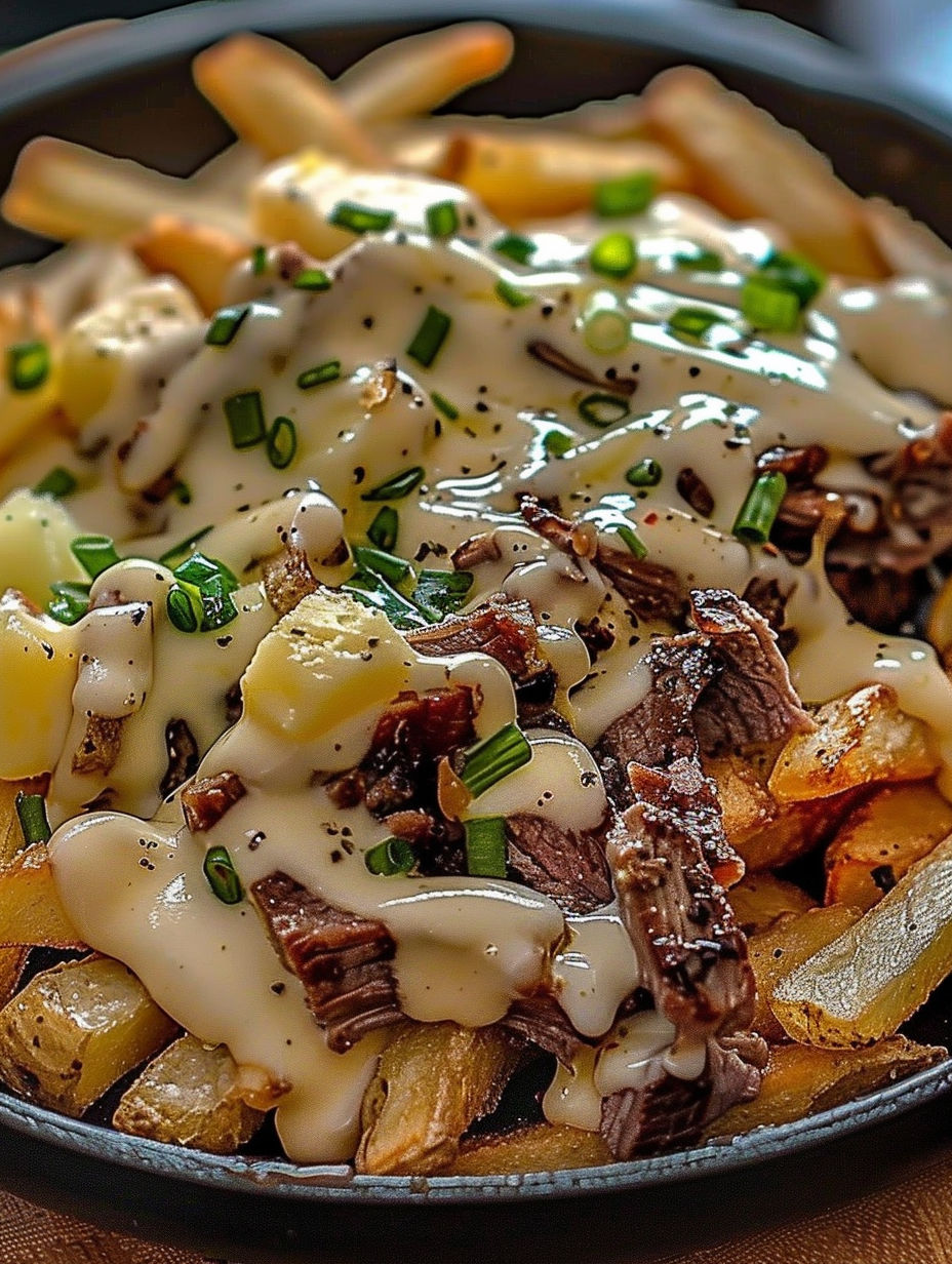 A plate of french fries with cheese and steak.