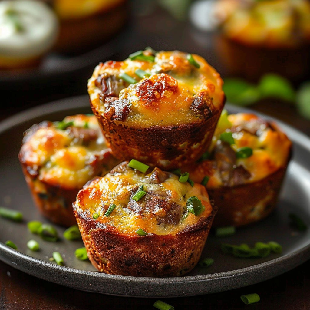 Three muffins with meat, cheese and mozzarella.