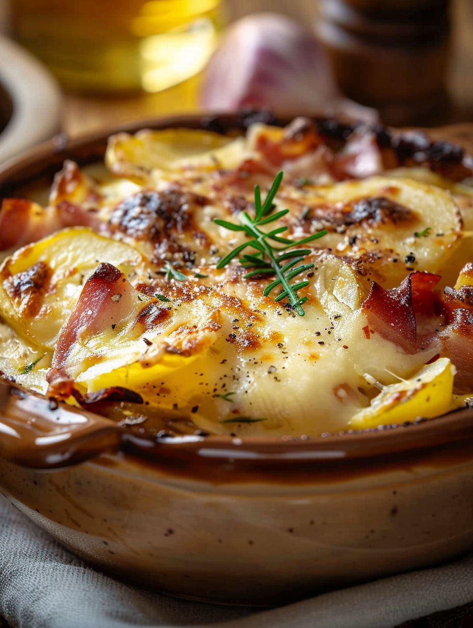A dish of food with a sprig of parsley on top.