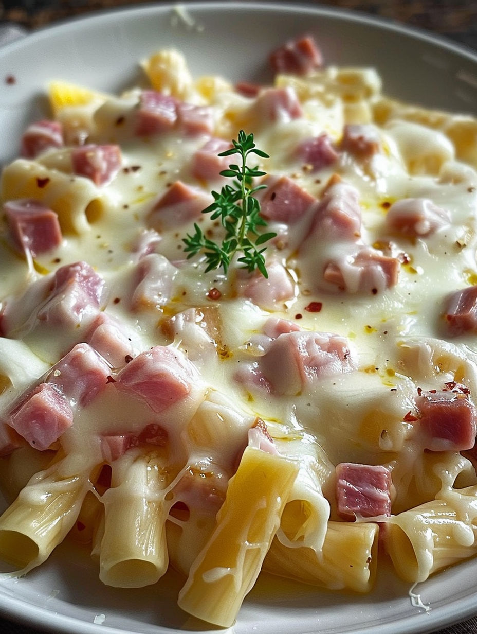A plate of pasta with ham and cheese.