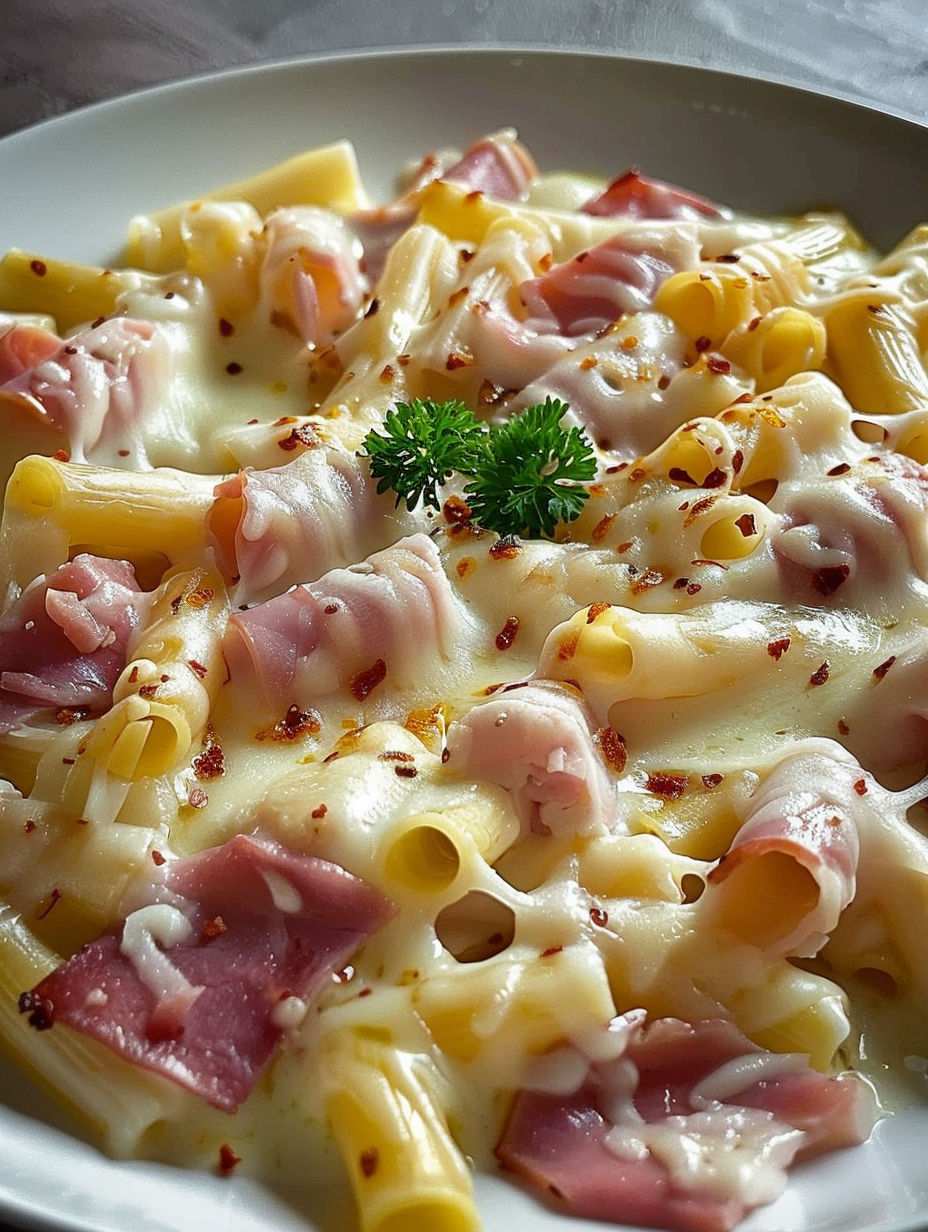 A plate of food with pasta and ham.