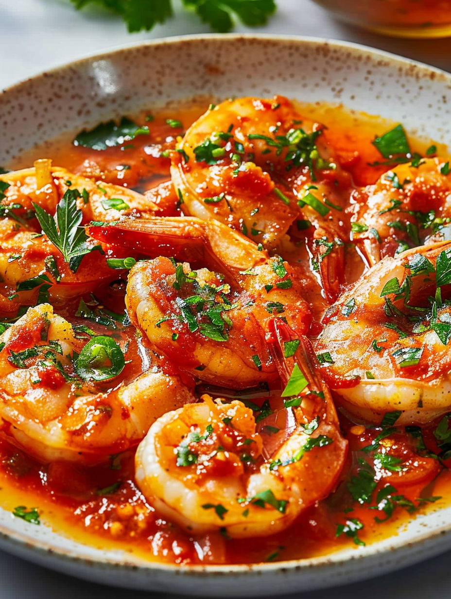 A bowl of shrimp with a red sauce.