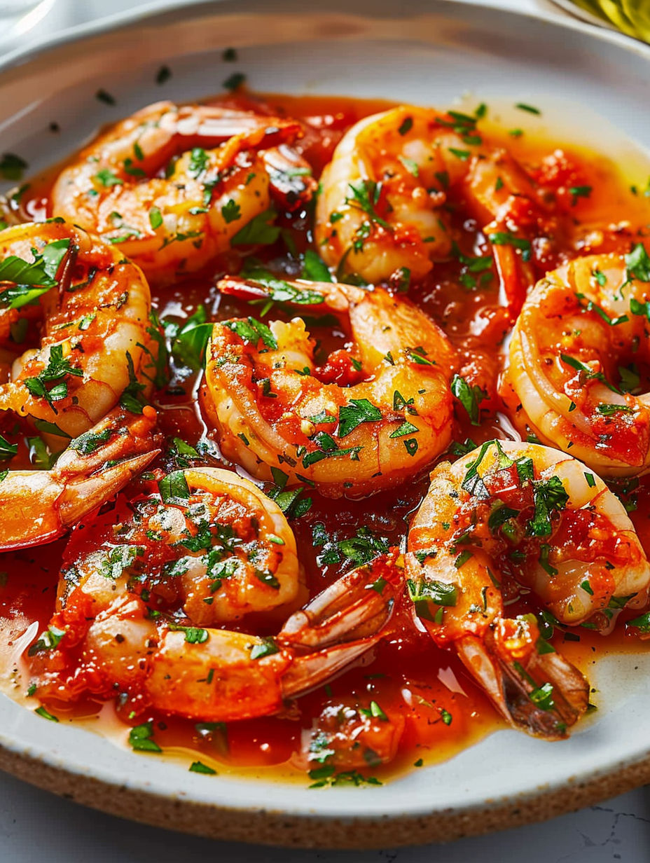 A plate of shrimp with a red sauce.