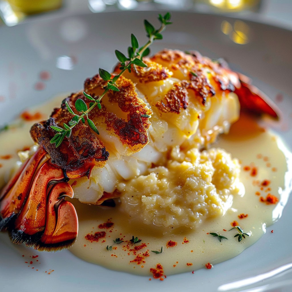 A plate of food with a lobster on it.