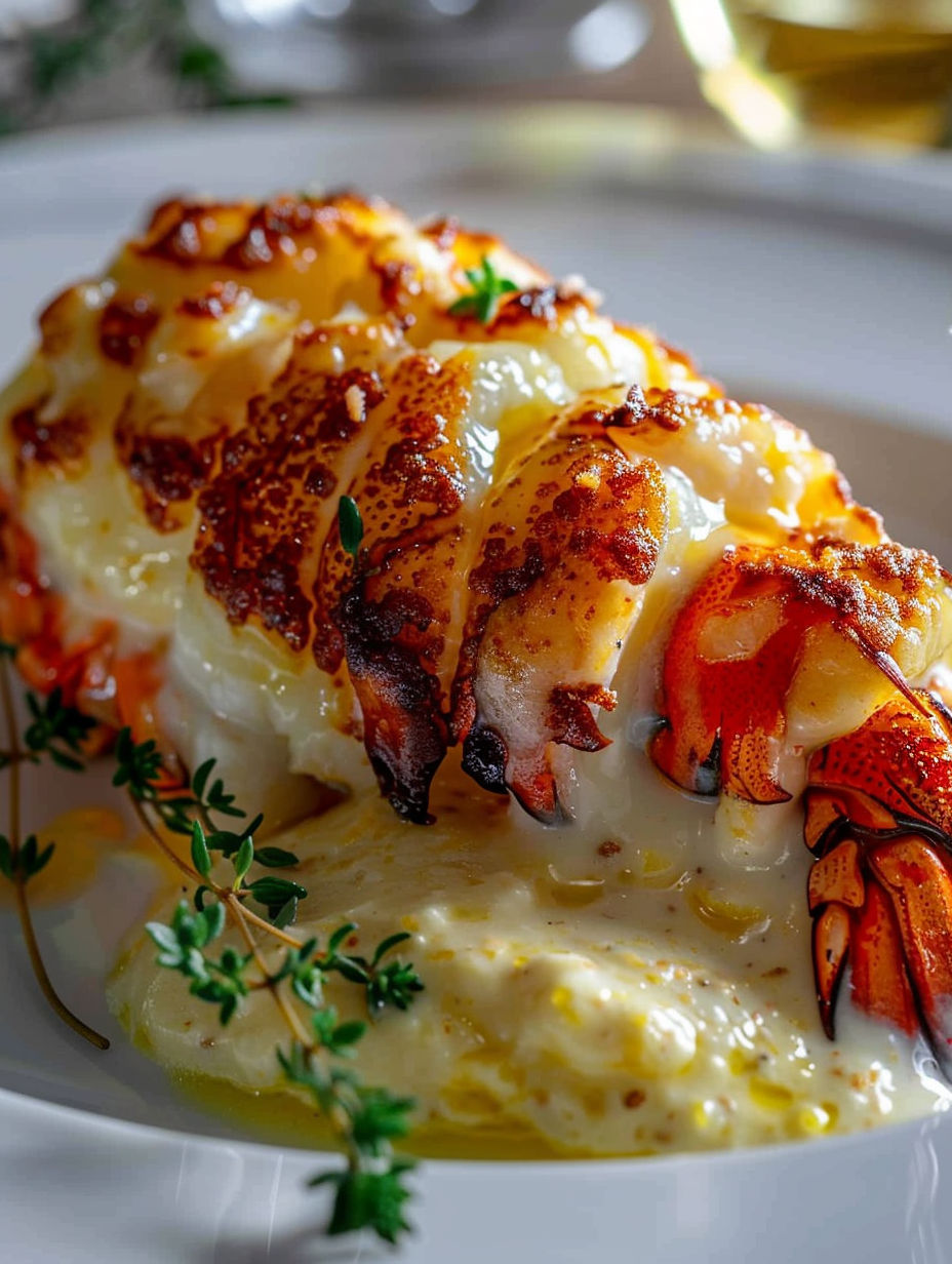 A lobster with a sauce on top.