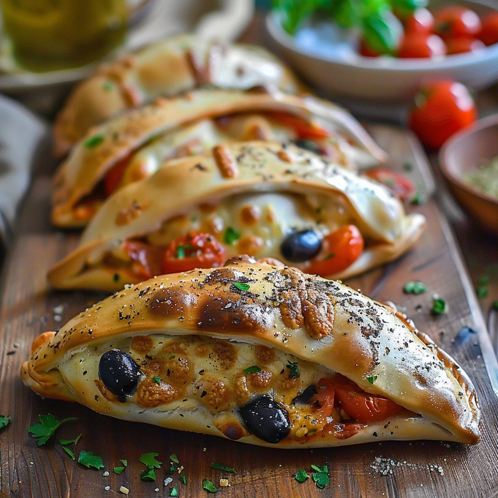 Three calzones on a wooden board.