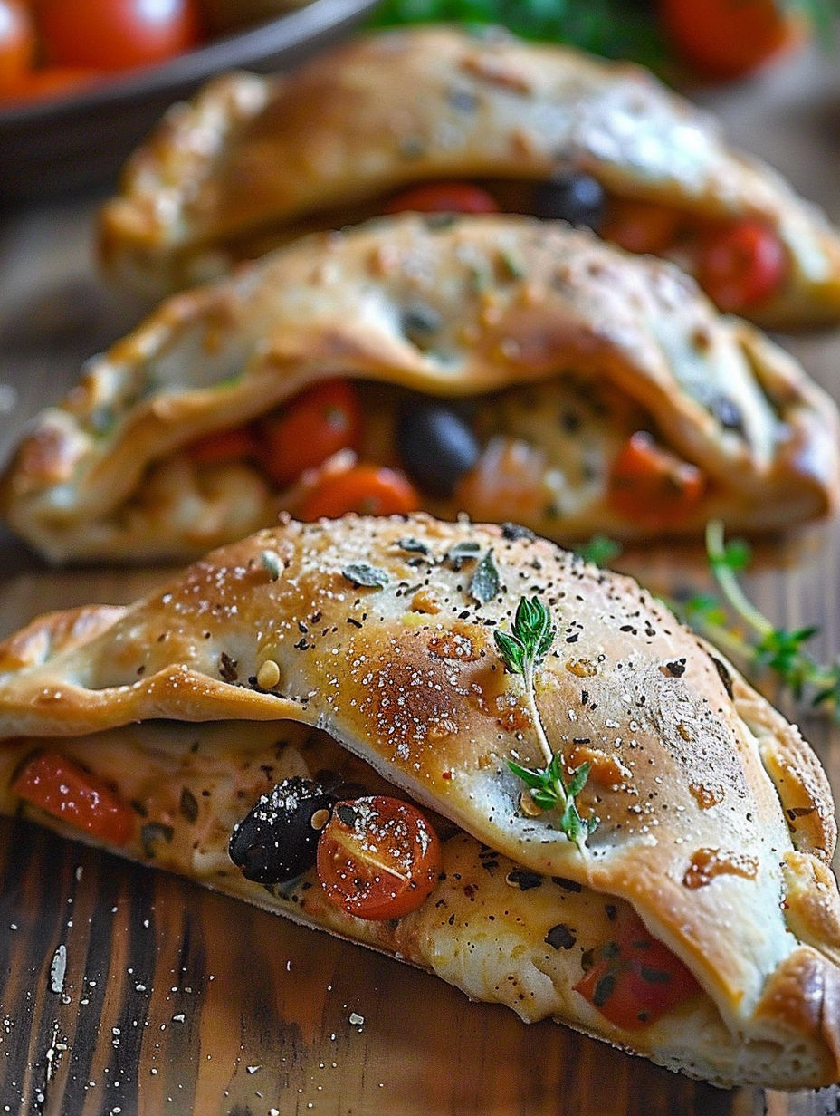 Three calzones with tomatoes and olives.