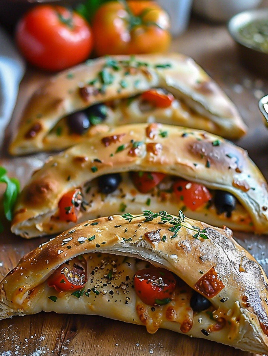 Three calzones with tomatoes and olives.
