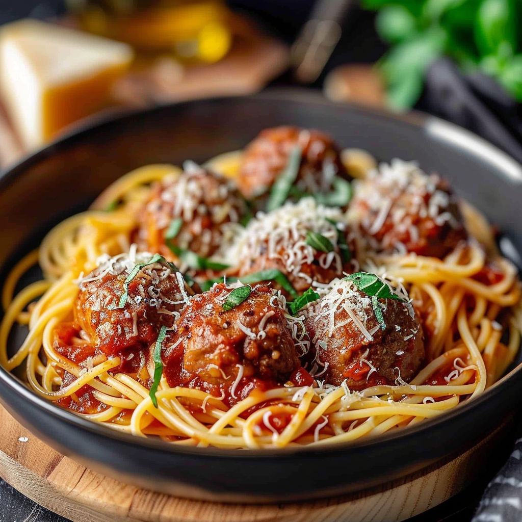 A bowl of pasta with meatballs and cheese.