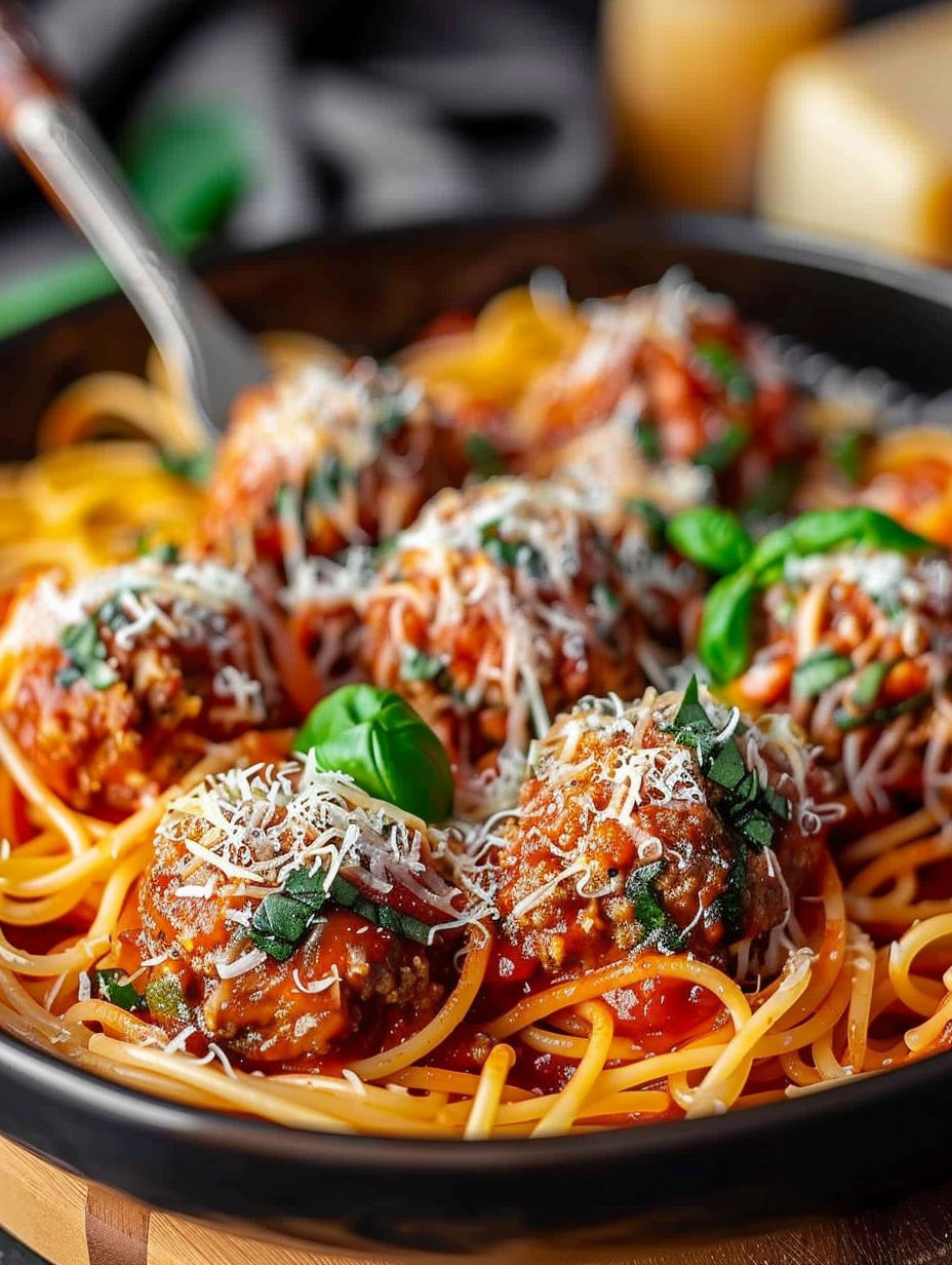 A bowl of spaghetti with meatballs and cheese.