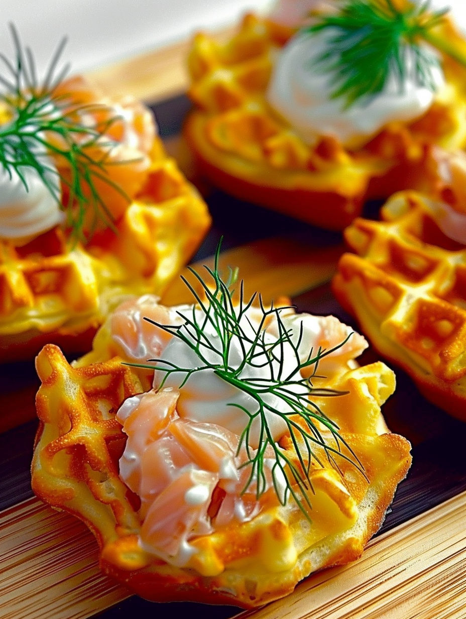 A plate of food with a waffle and a piece of fish.